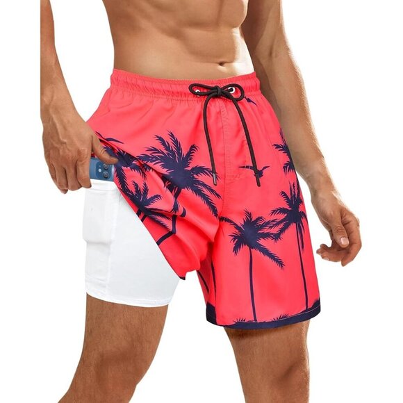 ✨Men Red Swim Trunks Bathing Suits Board Beach Swim with Zipper Pocket Shorts - Picture 1 of 7